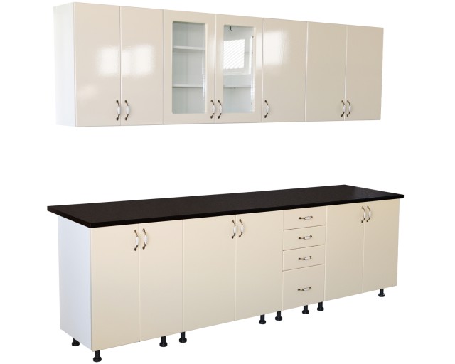 Bucatarie Zebra 260 cm din MDF Vanilie cu blat termoizolant negru